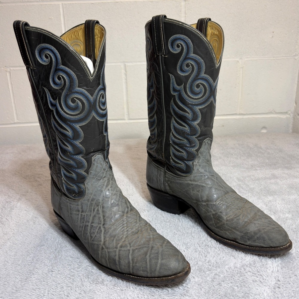 Tony Lama Cowboy Boots Men's 11.5 B Grey Elephant Skin Black Leather USA VINTAGE